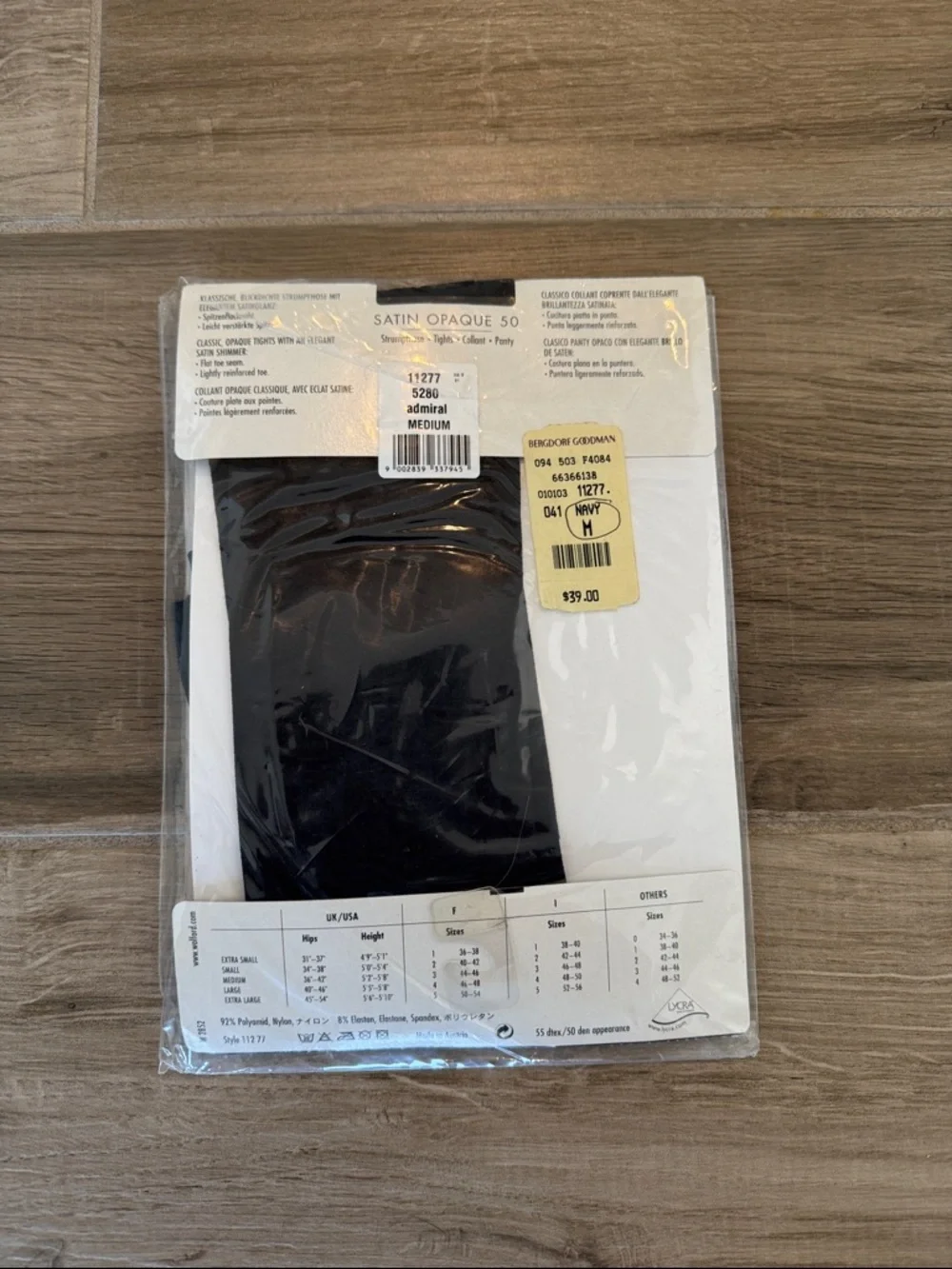 NWT Wolford M Navy Satin Opaque 50 Sheer Tights
